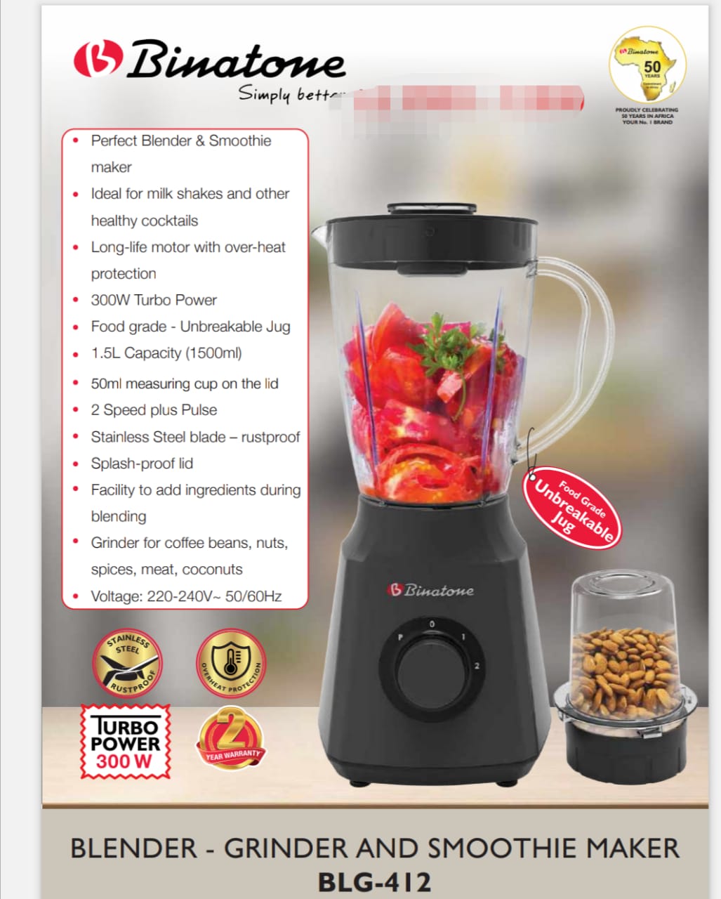Binatone Blender With Grinder - 1.5l - 300w - Blg-412 - noir
