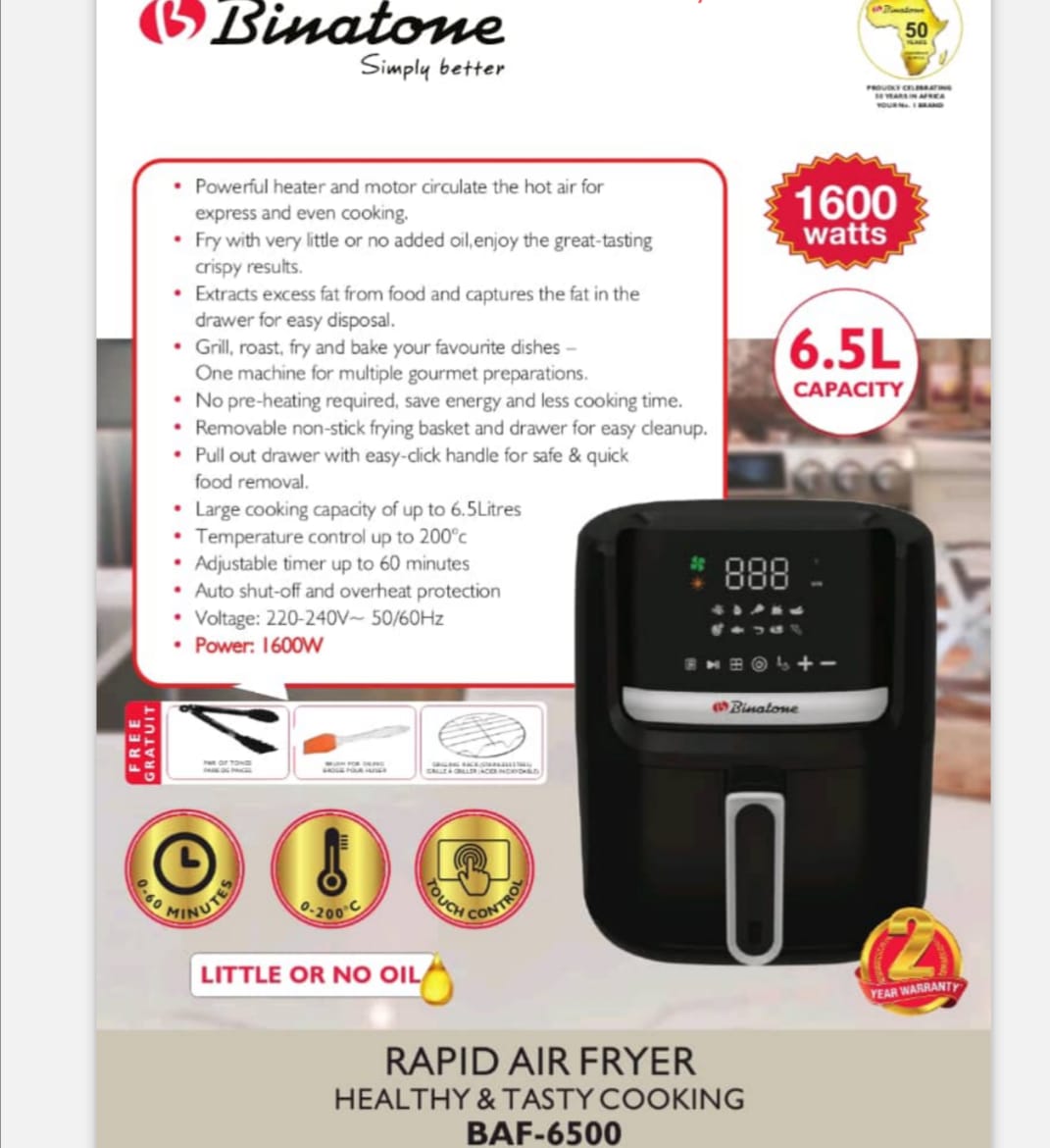 Friteuse à air Binatone - 6.5L-BAF-6500 - Air Fryer
