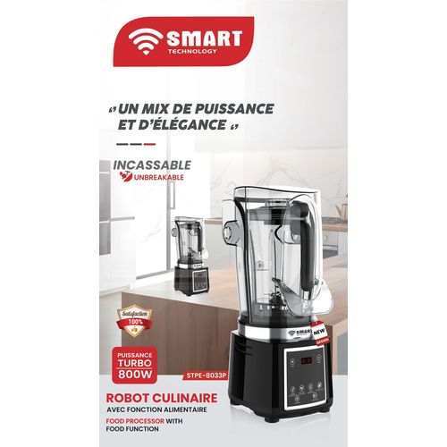 SMART TECHNOLOGY Blender Multifonctions (STPE-8033P) Avec Bol Incassable - Résistant à L'eau - Ecran Tactile/ Moteur En Cuivre Pur - 800 W- 2L- Noir / Garantie 3