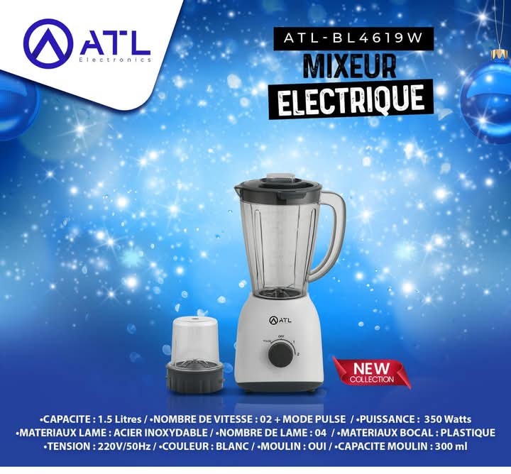 Mixeur ATL 1,5L - 350W - Récipient En Plastique Résistant - Avec Broyeur - 2 Vitesses + Pulse- Lames En Inox - Blanc (6 pcs-Crt) - ATL-BL4619W