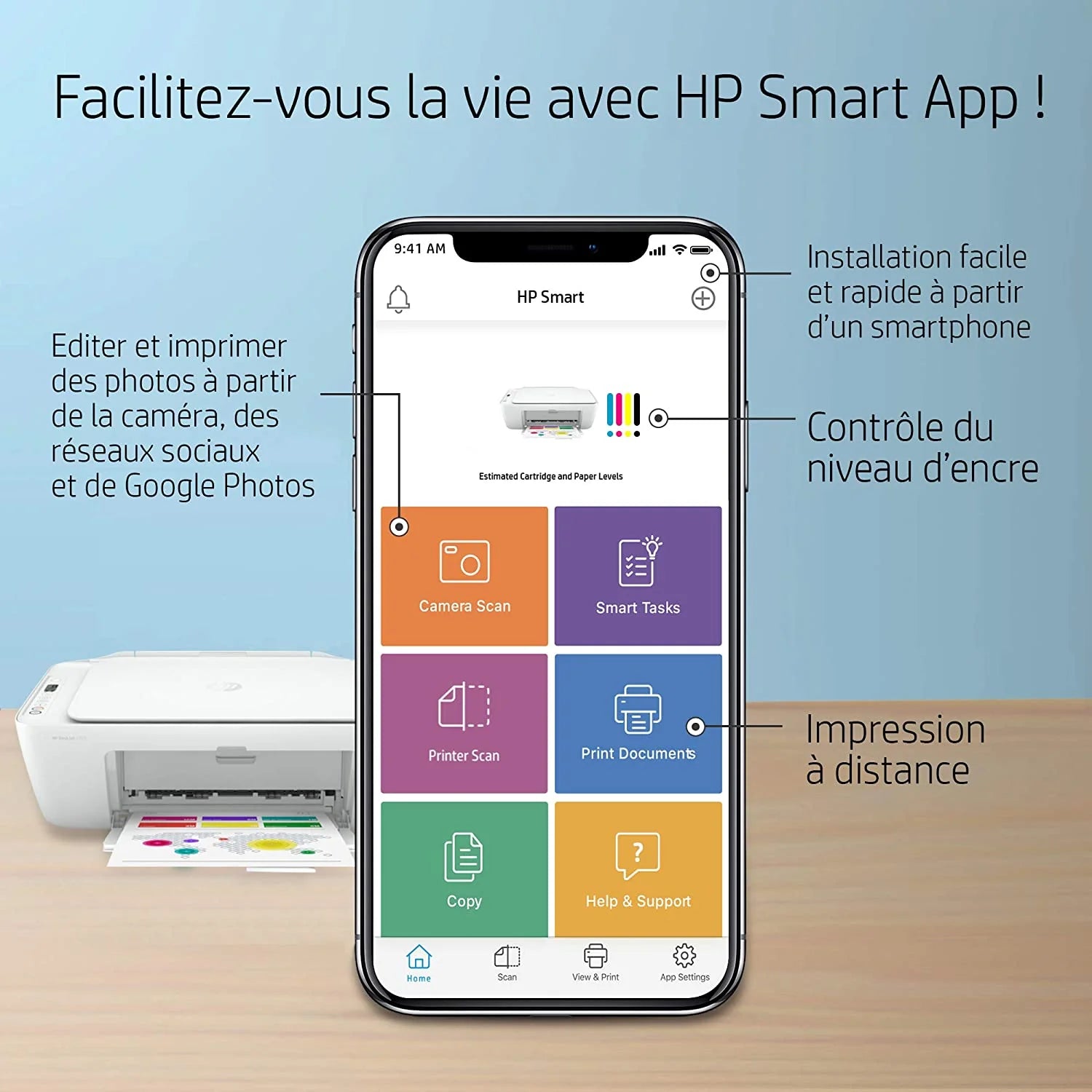 HP Deskjet 2720 Imprimante Tout-en-Un Jet d'Encre Couleur et Noir/Blanc (A4, Wifi, Bluetooth, HP Smart, Impression, Copie, Numérisation)