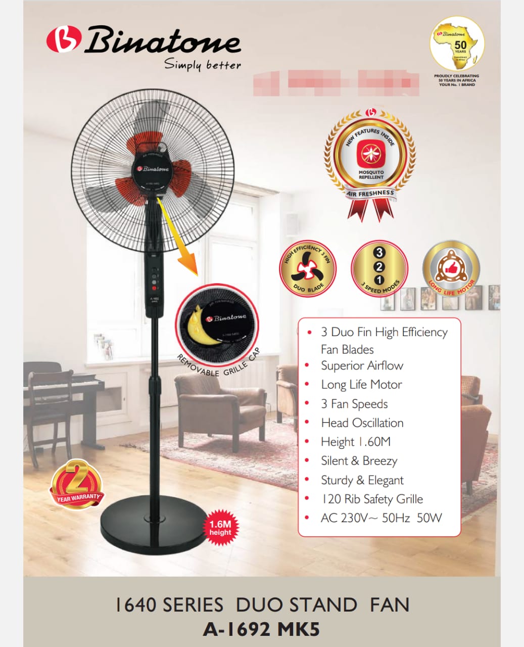 VENTILATEUR SILENCIEUX SUR PIED DOUBLE HELICES BINATONE A-1692 MK5