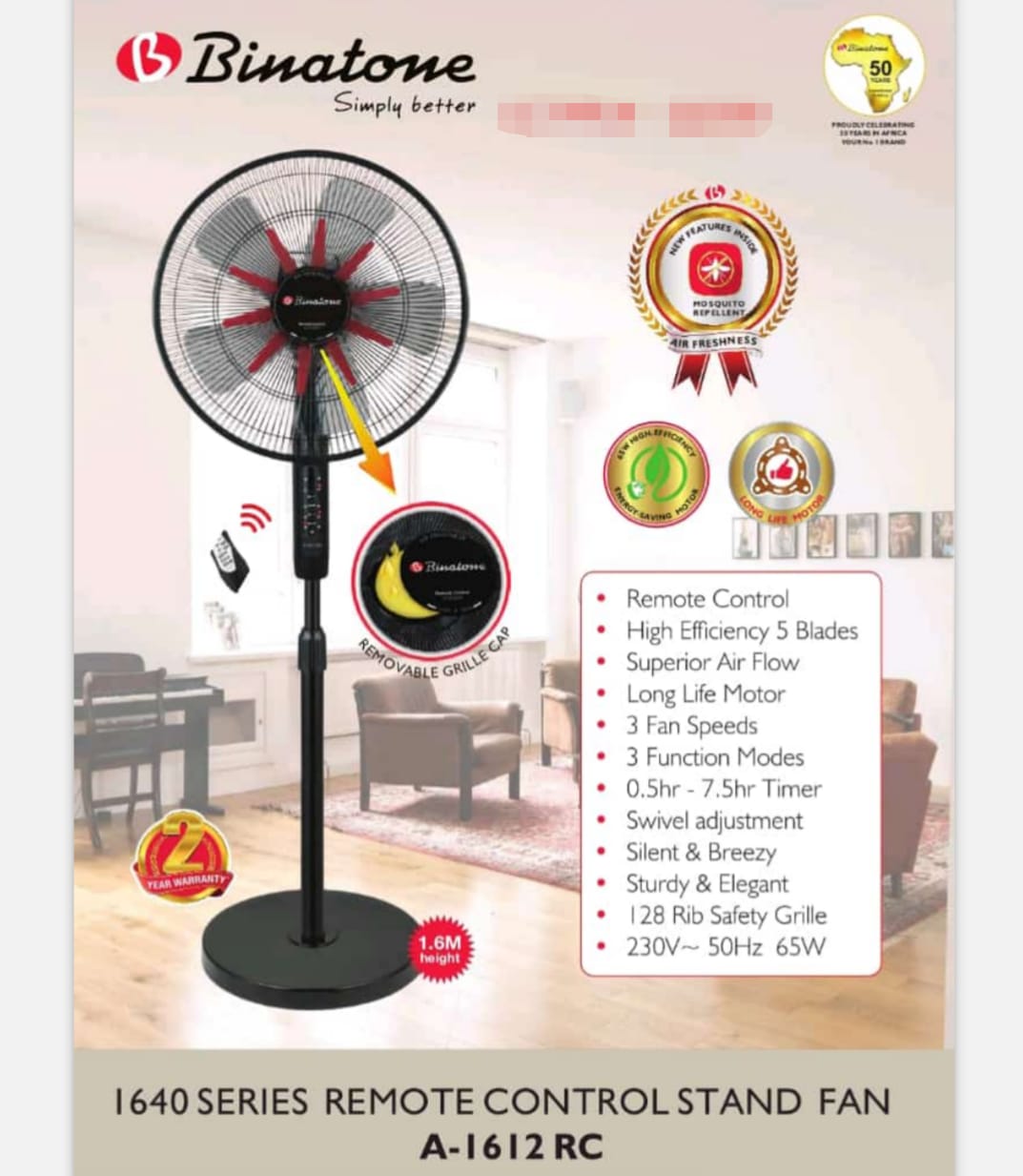 VENTILATEUR AVEC COMMANDE A DISTANCE SILENCIEUX 5 PALES 65 W BINATONE