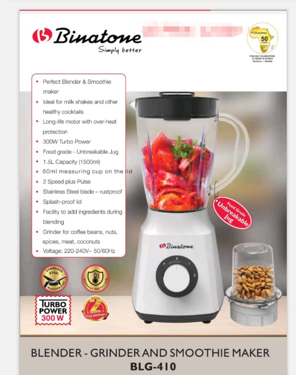 Binatone Blender With Grinder - 1.5l - 300w - Blg-410 - blanc