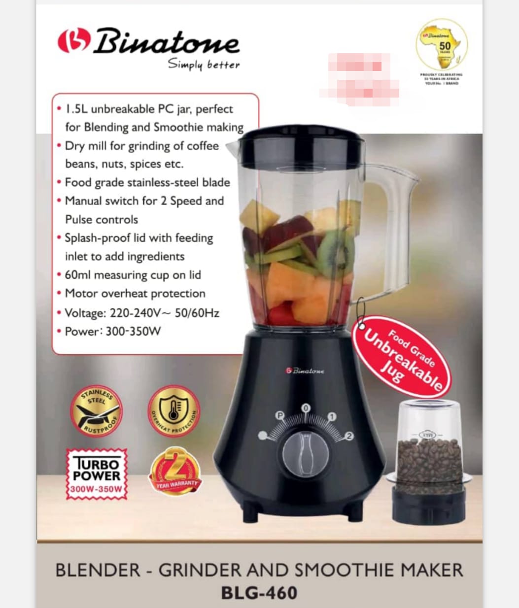 Mixeur BINATONE BLG-460 - 350 W -1.5 Litres - Noir