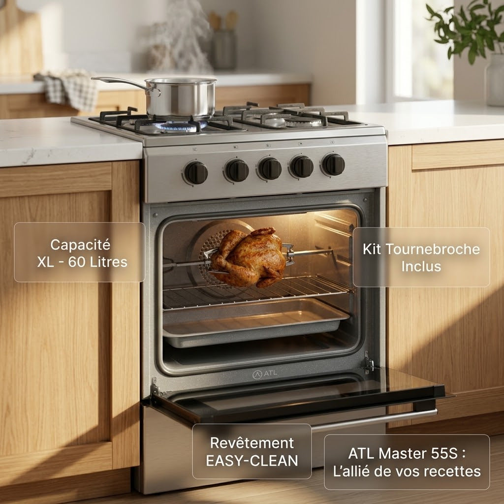 Gazinière ATL GAZ-MASTER 55S – 4 Feux + Four – 50×55 cm – Noir Mat