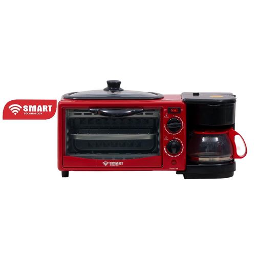 SMART TECHNOLOGY Machine Petit-Déjeuner 3-en-1 Multifonction (STPE-4006PR) – FOUR, CAFETIÈRE ET POÊLE (Plaque chauffante) -7L-1050W -Rouge-Noir