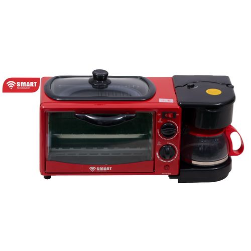 SMART TECHNOLOGY Machine Petit-Déjeuner 3-en-1 Multifonction (STPE-4006PR) – FOUR, CAFETIÈRE ET POÊLE (Plaque chauffante) -7L-1050W -Rouge-Noir
